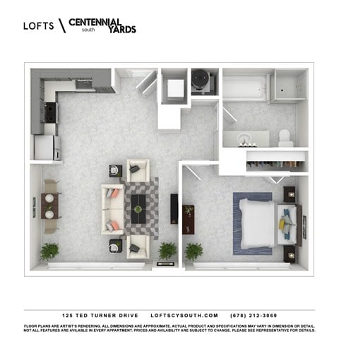 Floor plan for 1 bed, 1 bath, 725 sqft